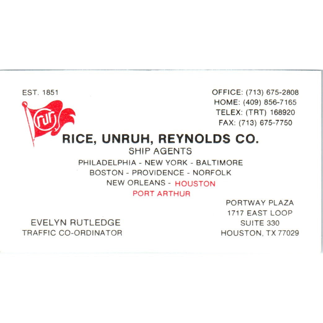 Rice, Unruh, Reynolds Ship Agents Evelyn Rutledge Houston Business Card SD8-B21