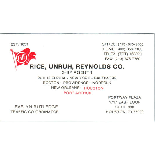Rice, Unruh, Reynolds Ship Agents Evelyn Rutledge Houston Business Card SD8-B21