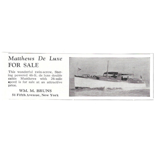 Wm. M. Burns Matthews De Luxe Yacht for Sale New York 1932 Ad AG2-M20