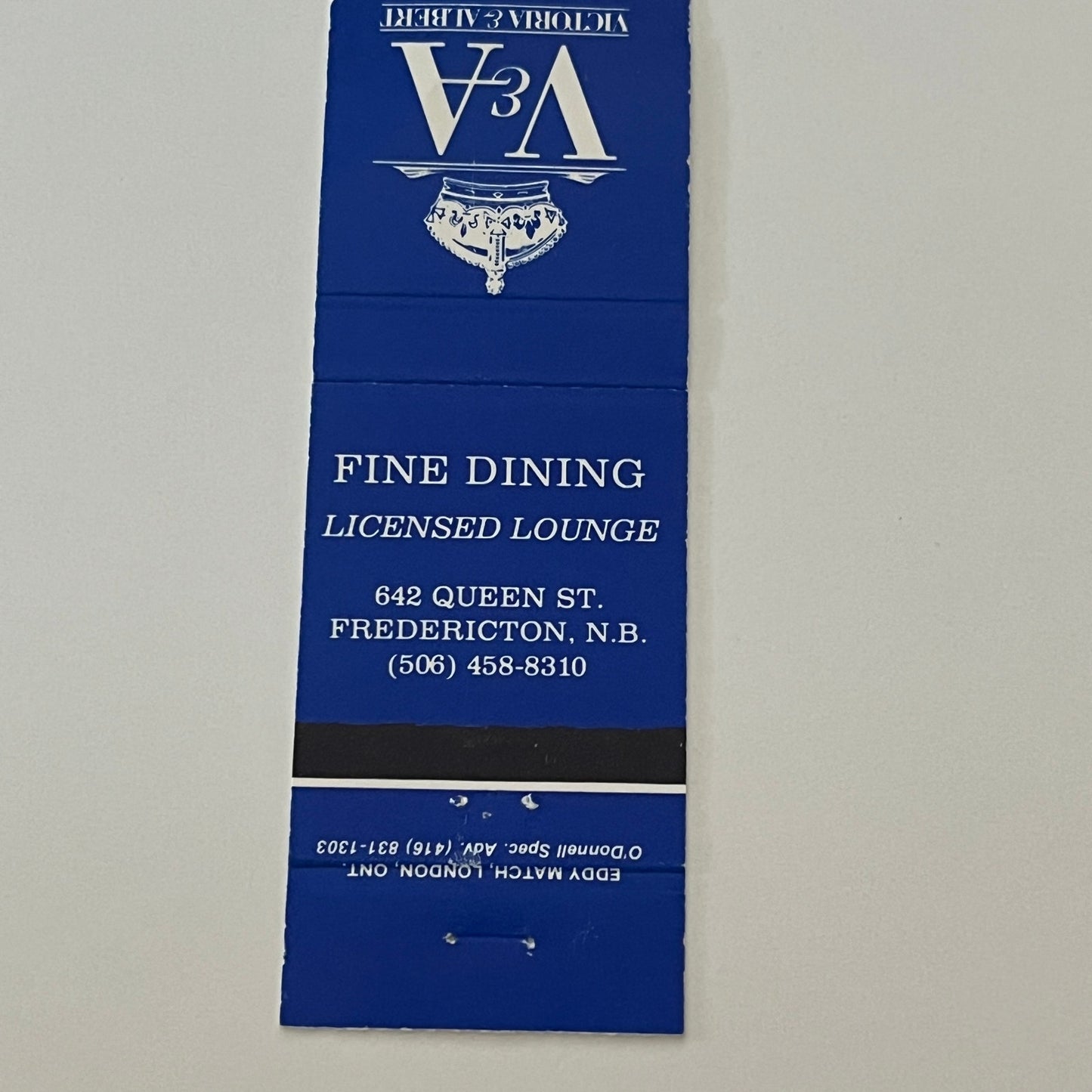 Victoria & Albert Fine Dining Fredericton NB Vintage Matchbook Cover TB6-MB2-4