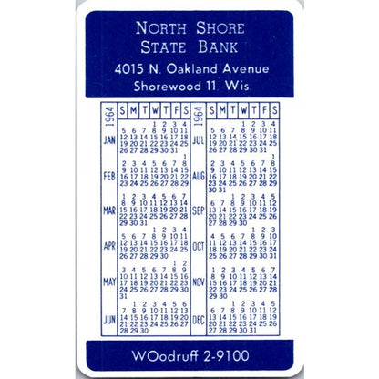 1964 North Shore State Bank Shorewood WI Wallet Calendar Card AI9-M26