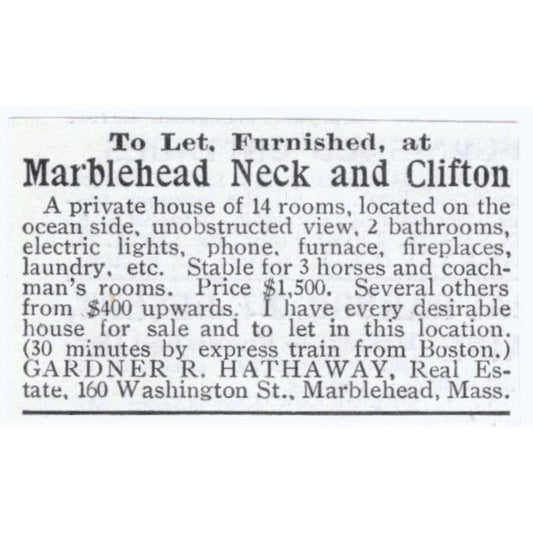 Marblehead Neck and Clifton House Gardner R. Hathaway 1918 Advertisement AE5-SV3