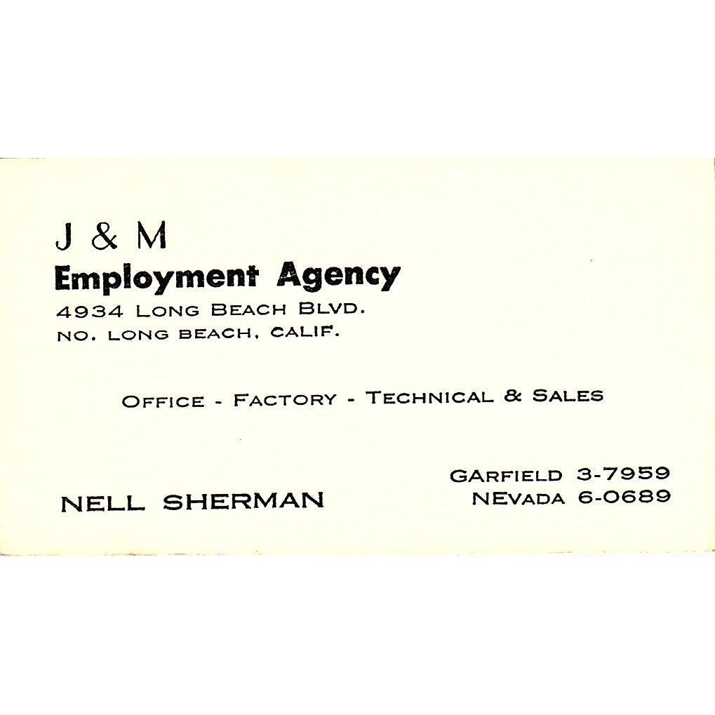 J & M Employment Agency Nell Sherman Long Beach CA Vintage Business Card SF3-B7