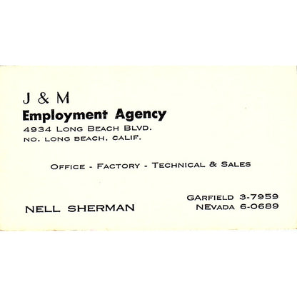 J & M Employment Agency Nell Sherman Long Beach CA Vintage Business Card SF3-B7
