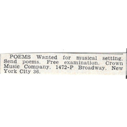 Poems Wanted - Crown Music Company New York NY 1955 Ad AG1-S6