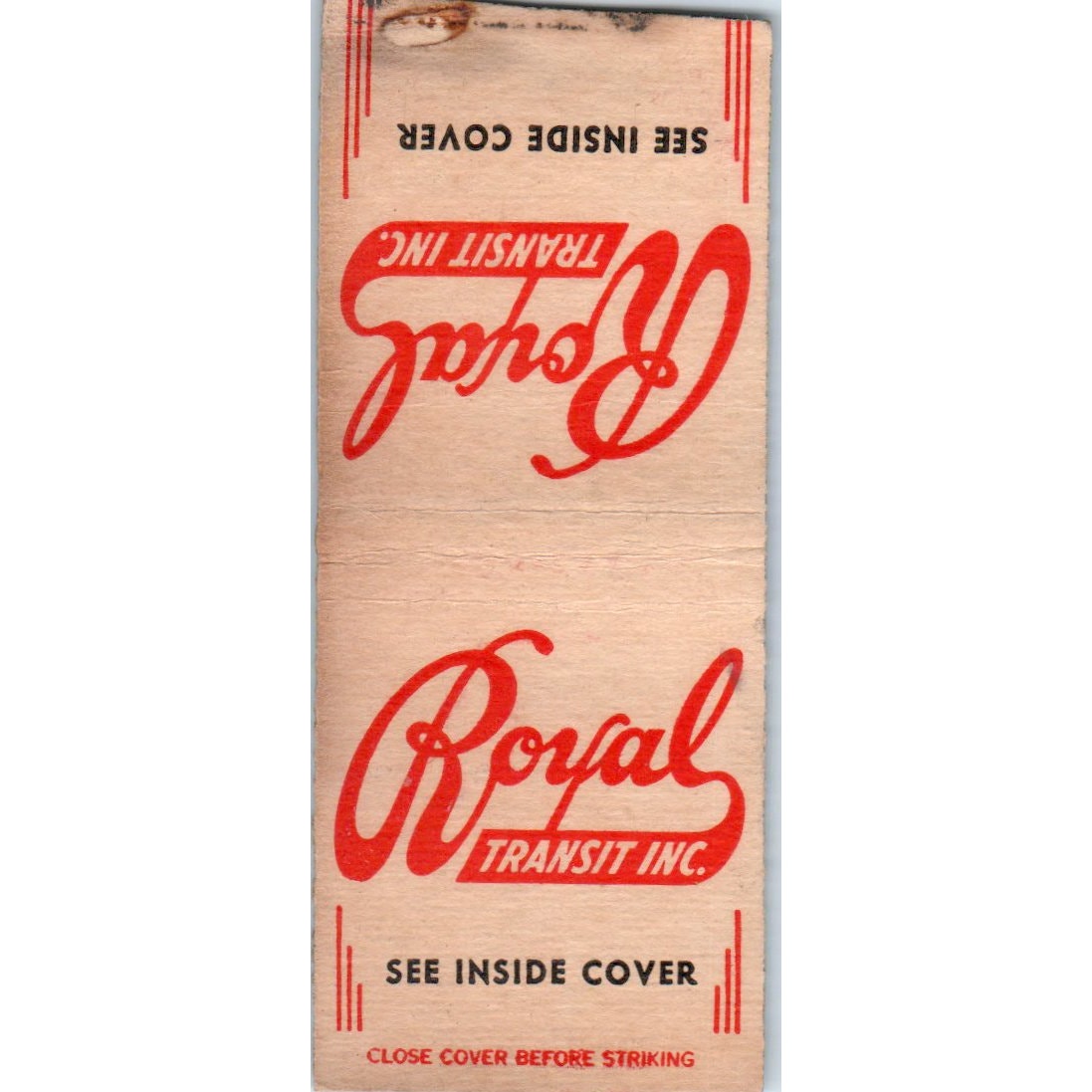 Royal Transit Inc Chicago Milwaukee Area Vintage Matchbook Cover SD2-Y3