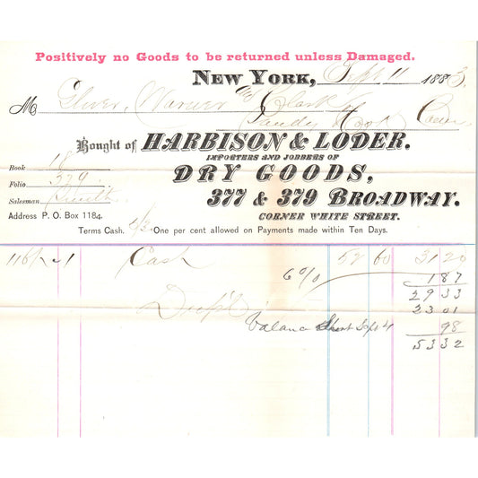 1883 Harbison & Lodge Dry Goods White Street NY Receipt Letterhead D24