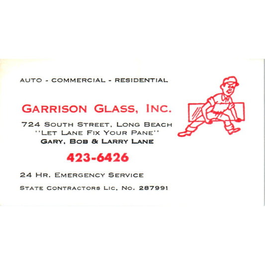 Garrison Glass Inc Gary, Bob & Larry Lane Long Beach CA Vtg Business Card SD8-B6