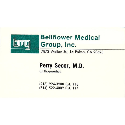 Perry Secor MD Bellflower Medical Group La Palma Vintage Business Card SD9-B10
