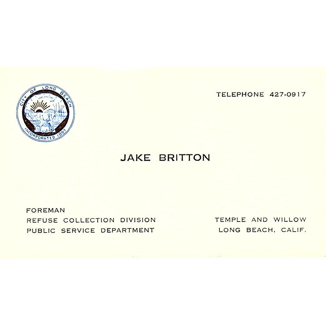 Jake Britton Long Beach CA Vintage Business Card SB4-B1