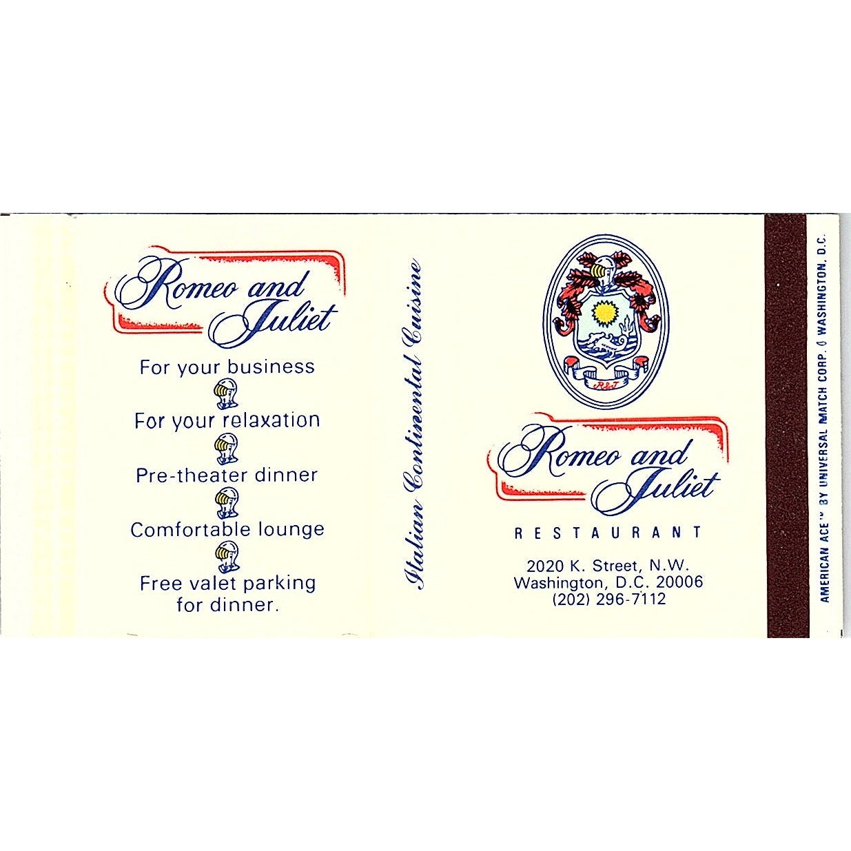 Romeo and Juliet Restaurant Washington DC Vintage Matchbook TB6-MB2-7