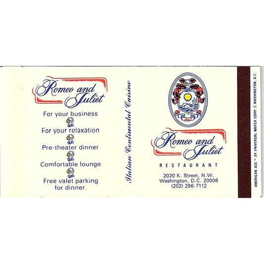 Romeo and Juliet Restaurant Washington DC Vintage Matchbook TB6-MB2-7