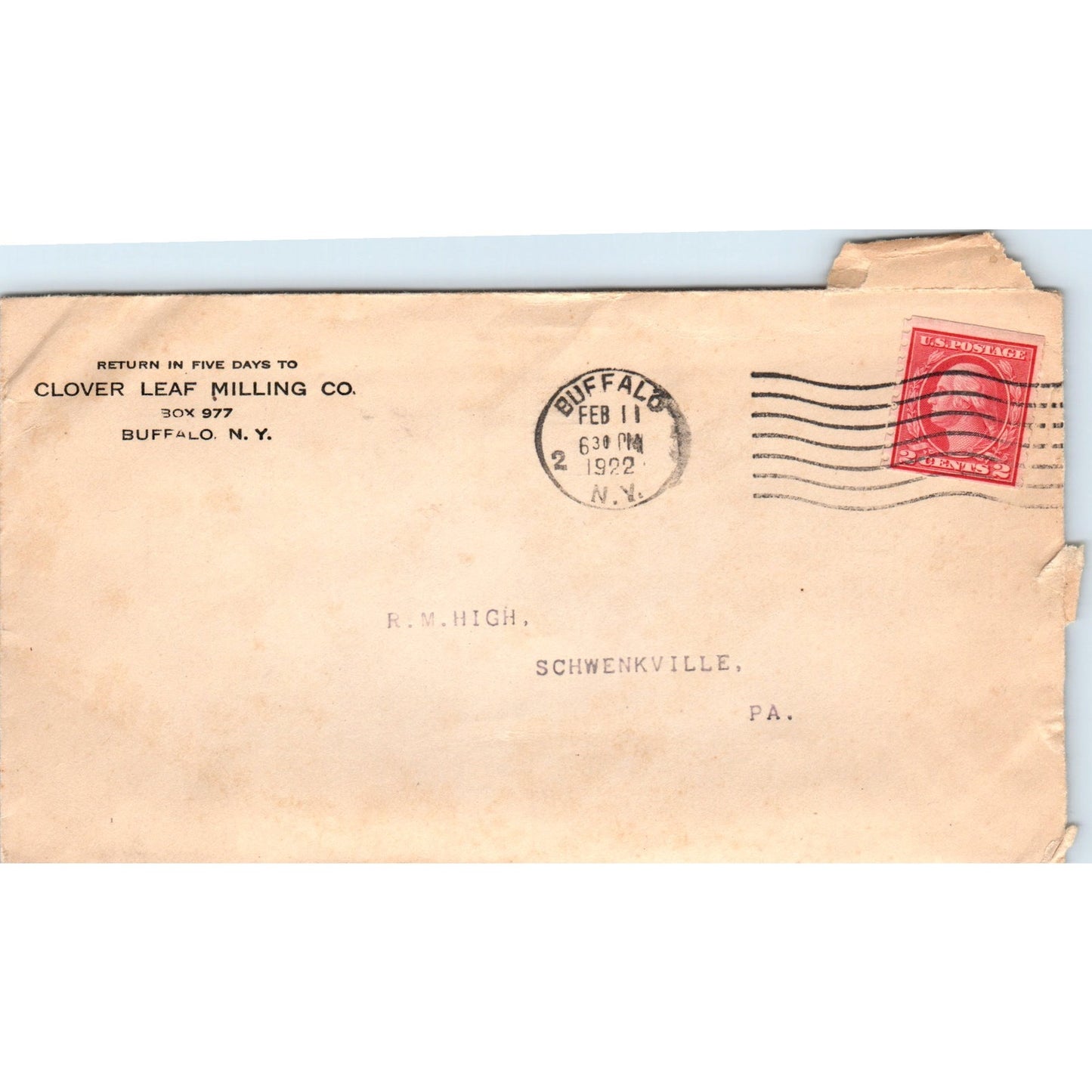 1922 Clover Leaf Milling Co Buffalo to Schwenksville R.M. High Envelope TG7-PC1