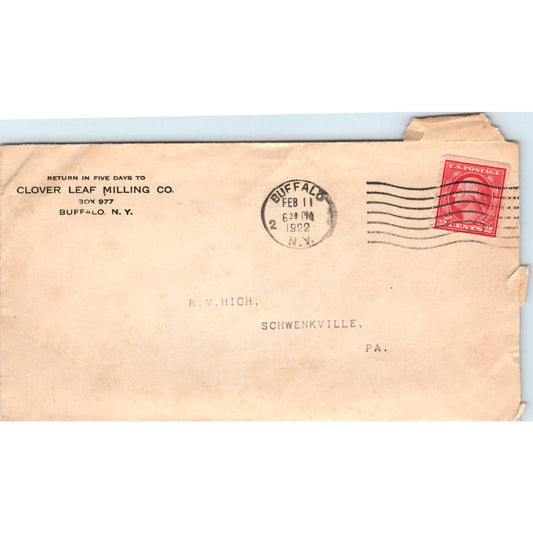 1922 Clover Leaf Milling Co Buffalo to Schwenksville R.M. High Envelope TG7-PC1