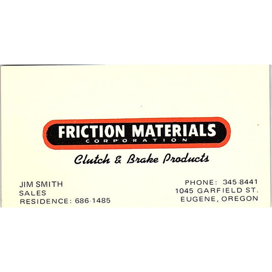 Friction Materials Corp Jim Smith Eugene OR Vintage Business Card SE3-B13