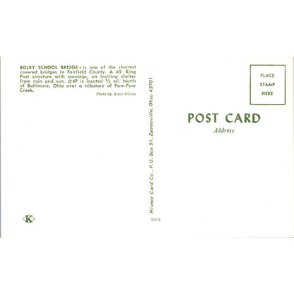 Roley School Bridge Fairfield County Baltimore OH Covered Bridge Postcard PC13