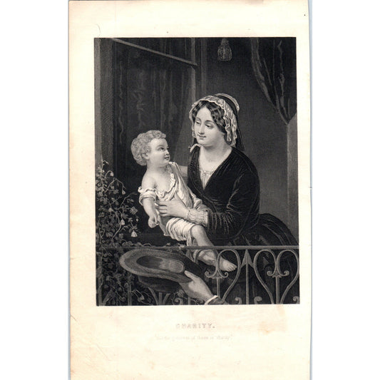 Charity - Mother and Child on Balcony 1857 Original Art Engraving D19-3