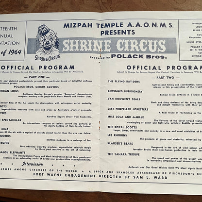 1964 Mizpah Temple Shrine Circus Official Program Ft Wayne Fold Out 1964 AG1-9