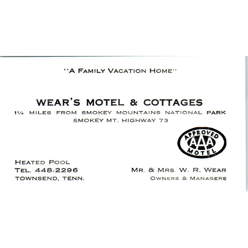 W.R. Wear's Motel & Cottages Smoky Mountains Townsend TN Business Card SD8-B22