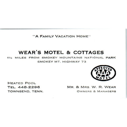 W.R. Wear's Motel & Cottages Smoky Mountains Townsend TN Business Card SD8-B22