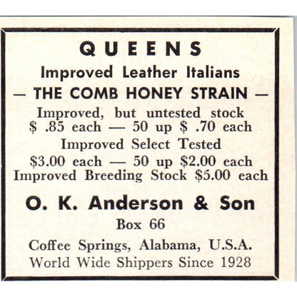 O.K. Anderson & Son Queen Bees Coffee Springs AL 1964 Magazine Ad AK5-S36