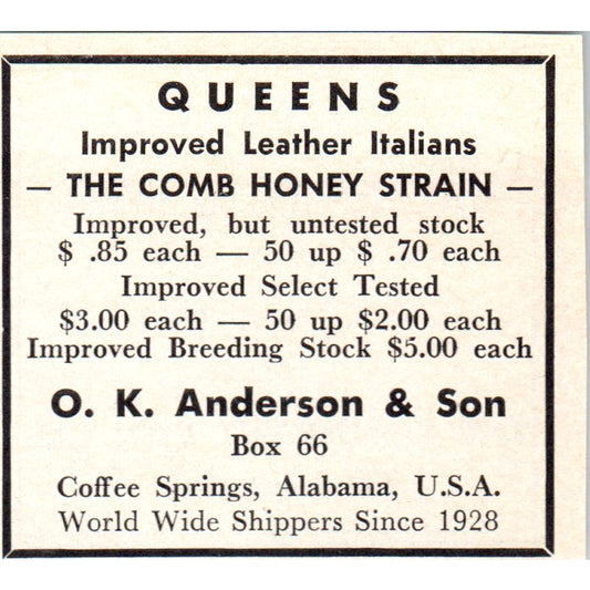 O.K. Anderson & Son Queen Bees Coffee Springs AL 1964 Magazine Ad AK5-S36