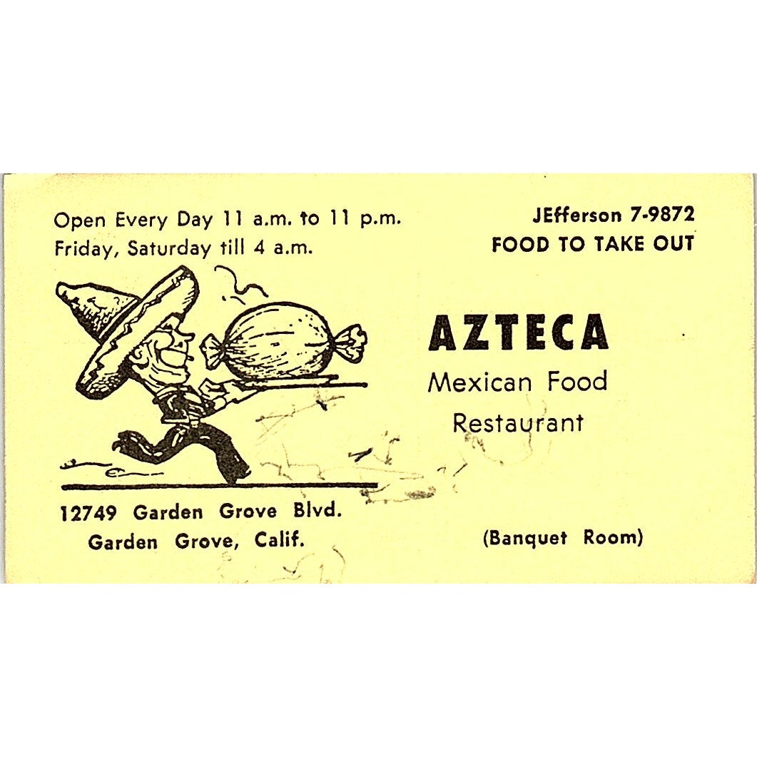 Azteca Mexican Food Restaurant Garden Grove CA Vintage Business Card SD9-B10