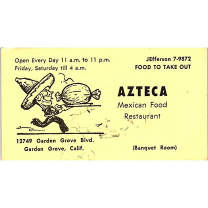 Azteca Mexican Food Restaurant Garden Grove CA Vintage Business Card SD9-B10