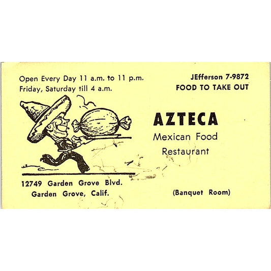 Azteca Mexican Food Restaurant Garden Grove CA Vintage Business Card SD9-B10