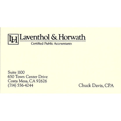 Chuck Davis CPA Laventhol & Horwath Costa Mesa CA Vintage Business Card SD9-B1