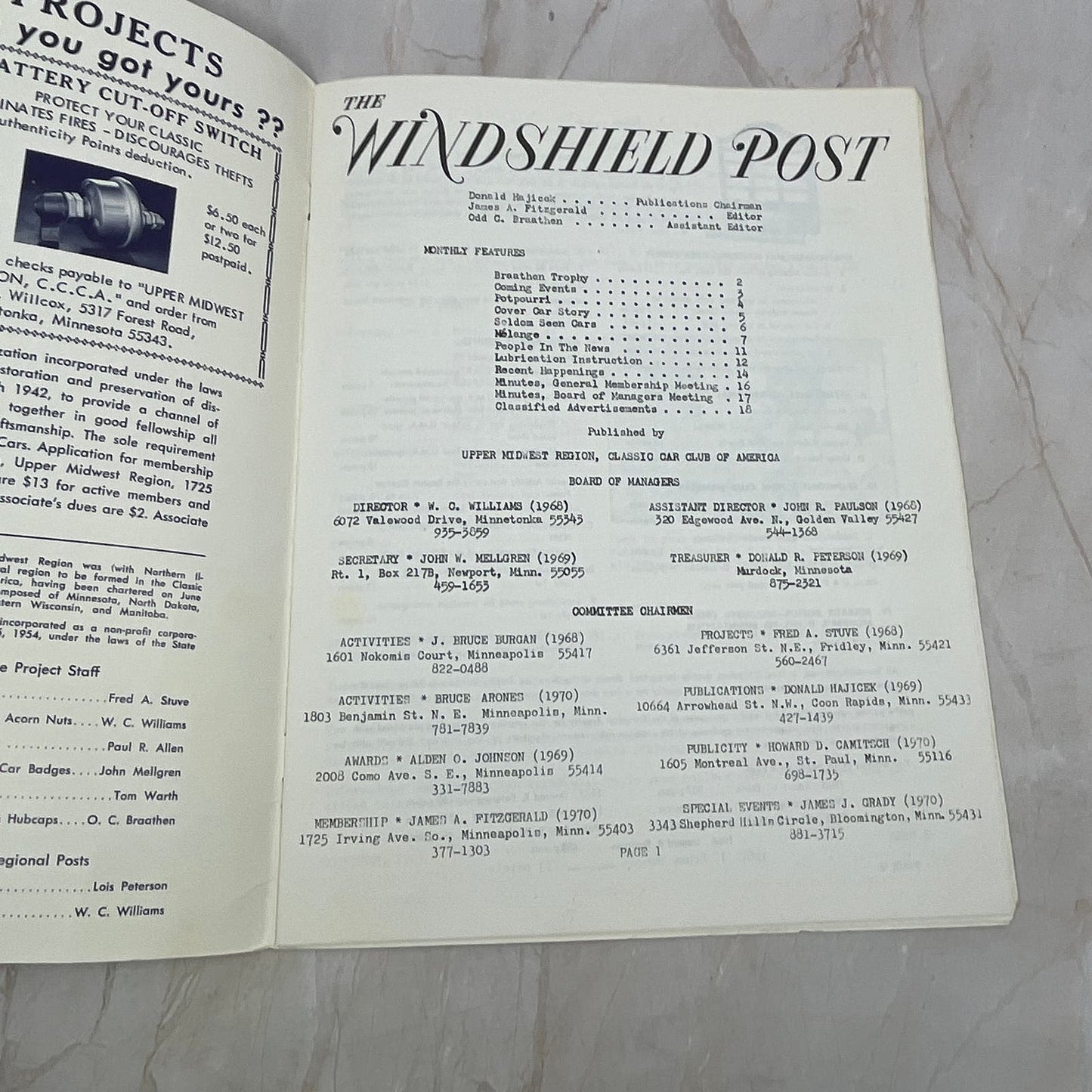 The Windshield Post Newsletter CCCA Upper Midwest Region Nov 1967 TI9-P3