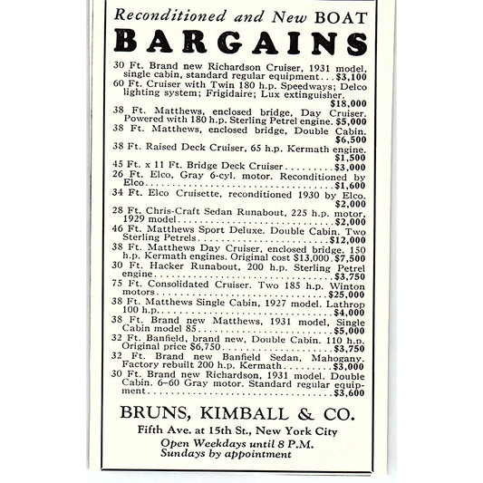 Reconditioned and New Yacht Bargains Bruns, Kimball & Co NY 1932 Ad AG2-M18