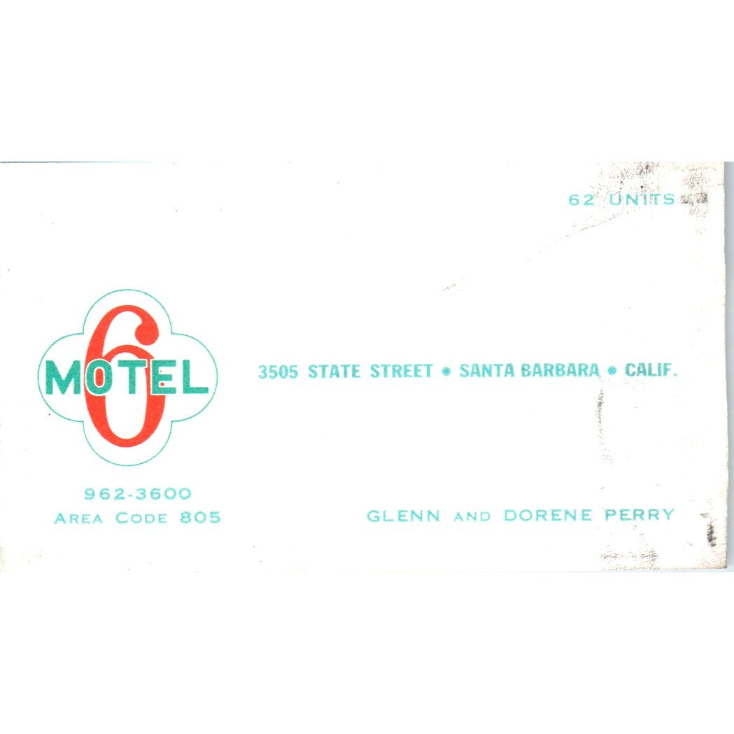 Glenn & Dorene Perry Santa Barbara CA Motel 6 Vintage Business Card SD8-B22