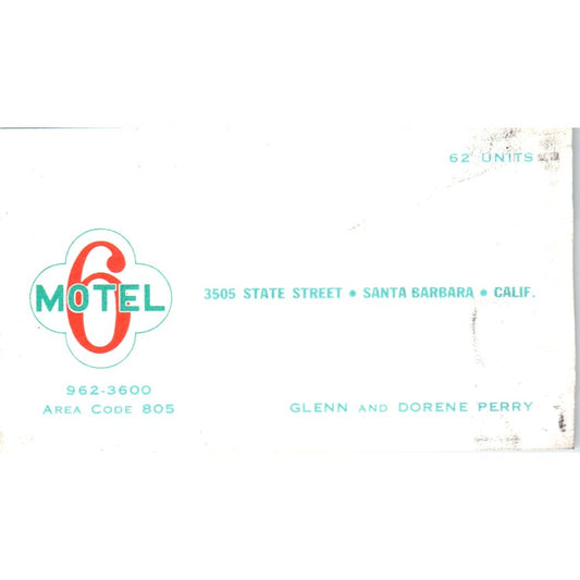 Glenn & Dorene Perry Santa Barbara CA Motel 6 Vintage Business Card SD8-B22