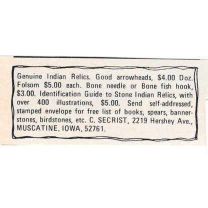 C. Secrist Genuine Indian Relics Muscatine Iowa 1971 Magazine Ad AD8-O2