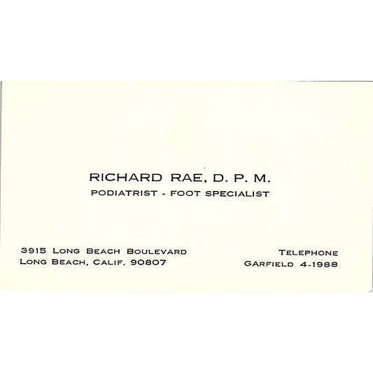 Richard  Rae D P M  Garfield Longbeach Carlifornia Vintage Business Card SB4-B9