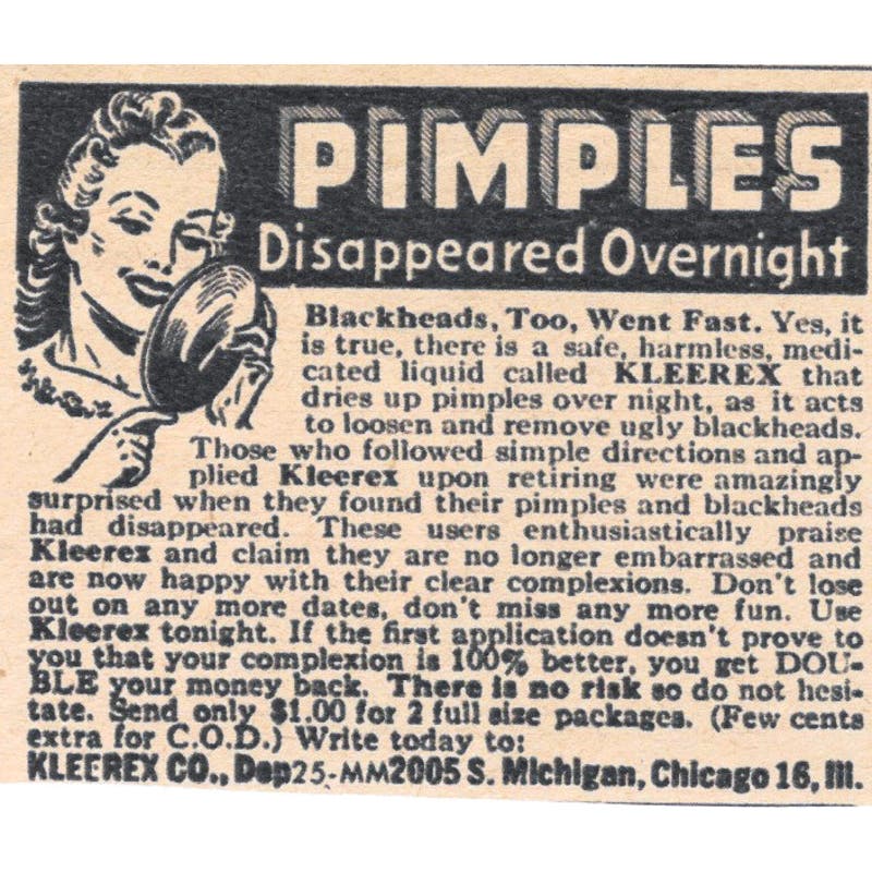 Pimple Acne Treatment Kleerex Co Chicago IL 1943 Magazine Ad AB9-NPG