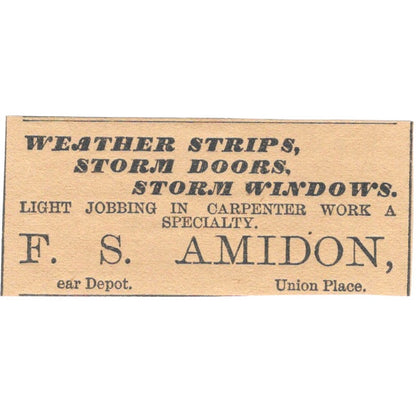 F.S. Amidon Carpentry Union Place Hartford 1886 Newspaper Ad AF7-SS8