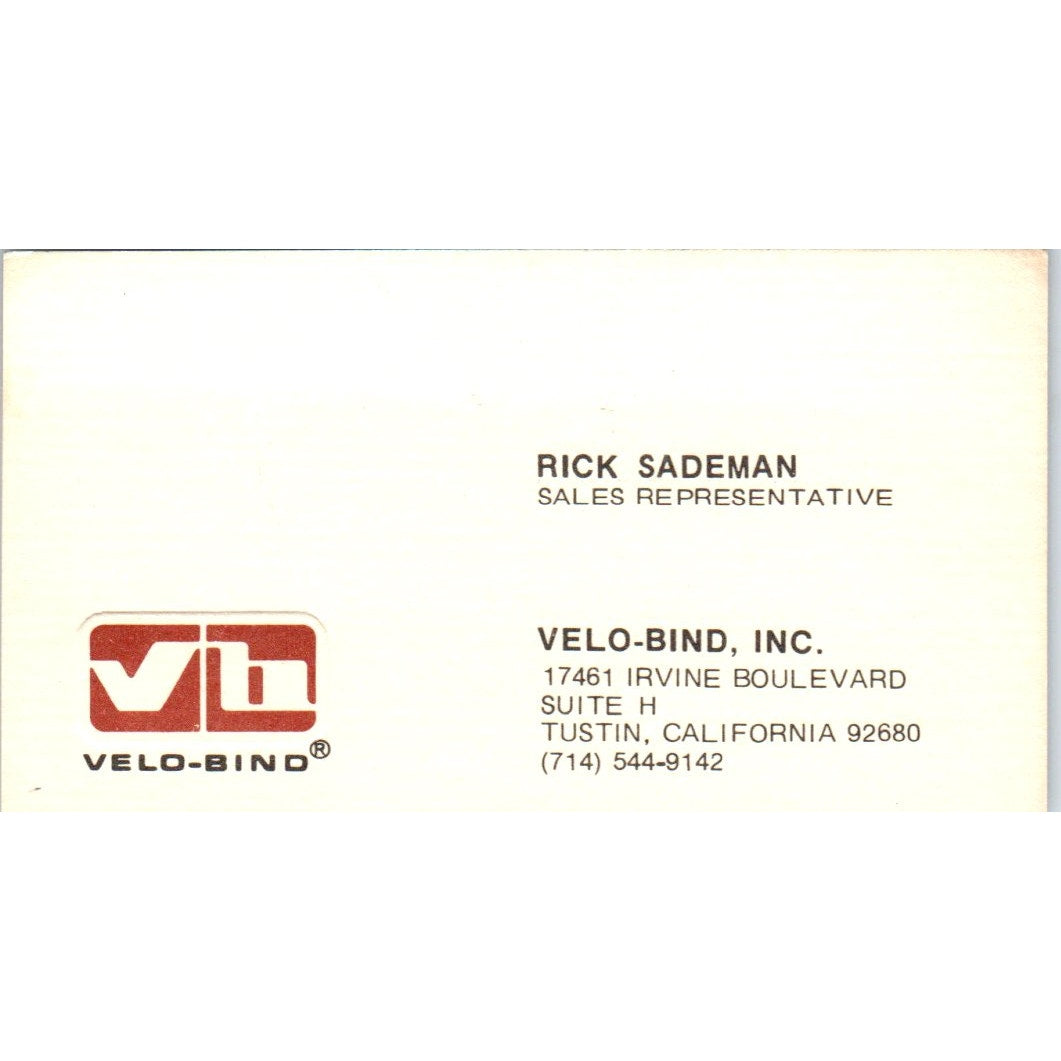 Rick Sademan Velo-Bind Inc Tustin CA Vintage Business Card SE3-B4