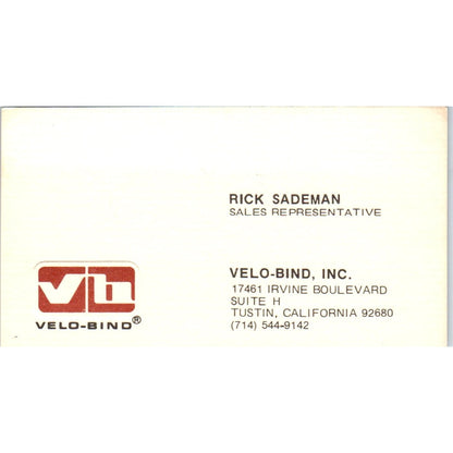 Rick Sademan Velo-Bind Inc Tustin CA Vintage Business Card SE3-B4