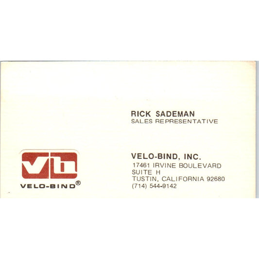 Rick Sademan Velo-Bind Inc Tustin CA Vintage Business Card SE3-B4