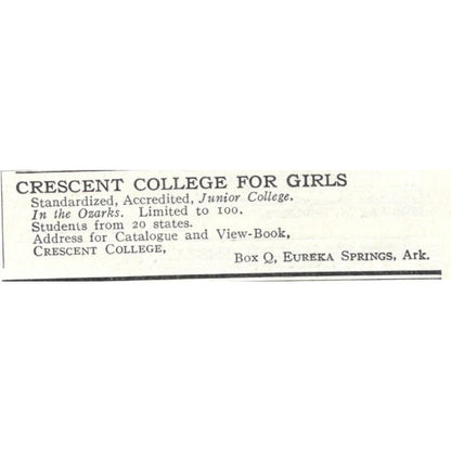 Crescent College for Girls Eureka Springs AR c1918 Advertisement AE5-SA11