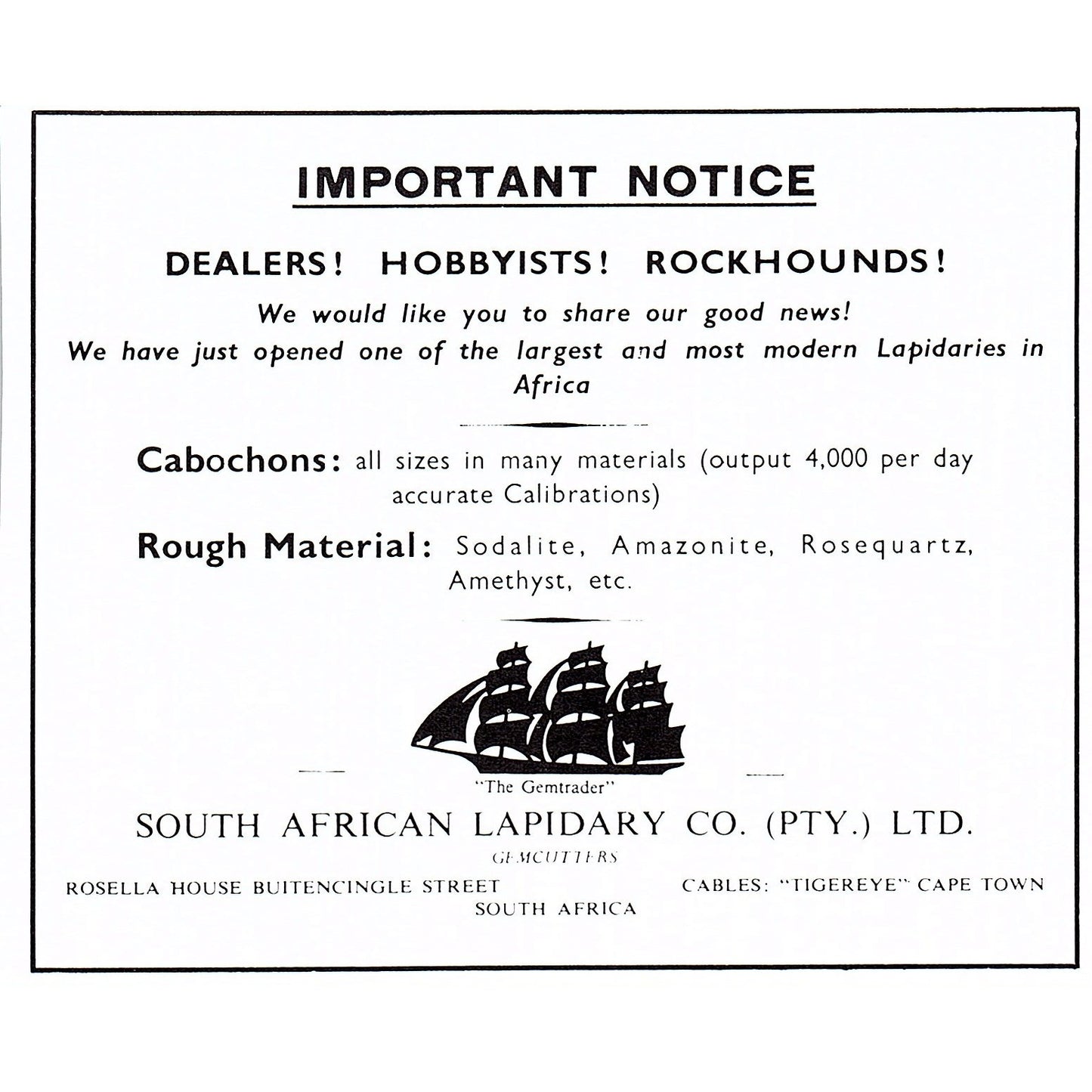 South African Lapidary Co Ltd Cape Town SA 1972 Ad AF8-H2