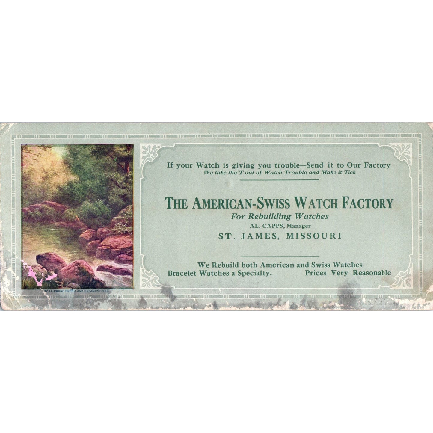 The American-Swiss Watch Factory St. James MO Al Capps Blotter Card AD7