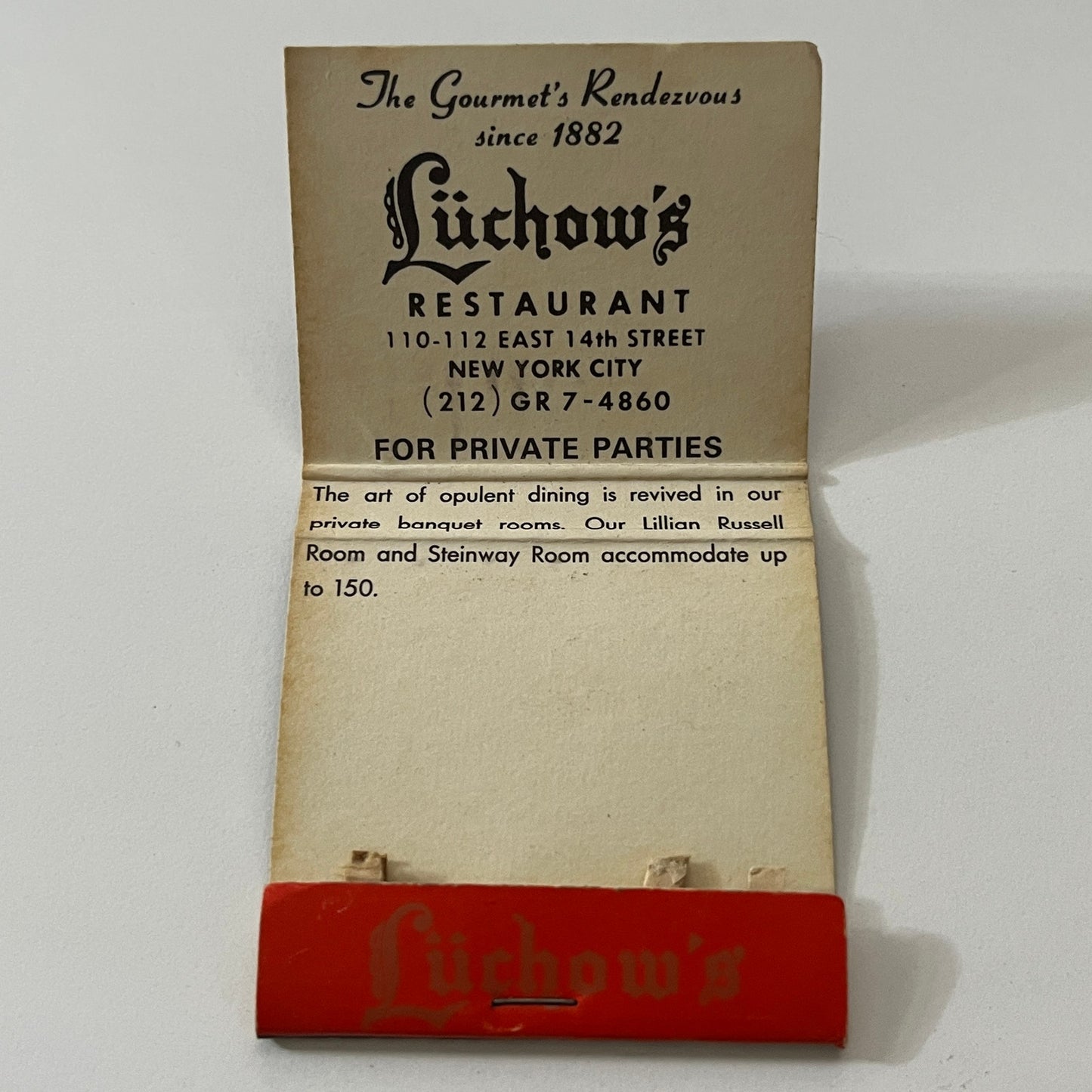 Luchow's Restaurant East 14th St New York Vintage Matchbook Cover TB6-MB1-1