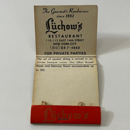 Luchow's Restaurant East 14th St New York Vintage Matchbook Cover TB6-MB1-1