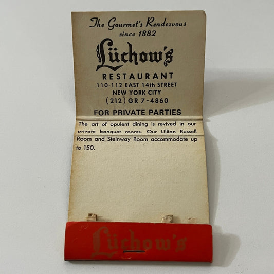 Luchow's Restaurant East 14th St New York Vintage Matchbook Cover TB6-MB1-1