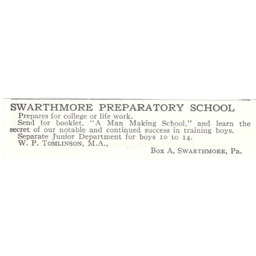 Swarthmore Preparatory School W.P. Tomlinson PA c1918 Advertisement AE5-SV1