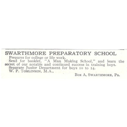 Swarthmore Preparatory School W.P. Tomlinson PA c1918 Advertisement AE5-SV1
