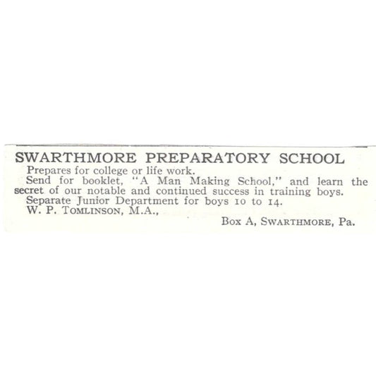 Swarthmore Preparatory School W.P. Tomlinson PA c1918 Advertisement AE5-SV1